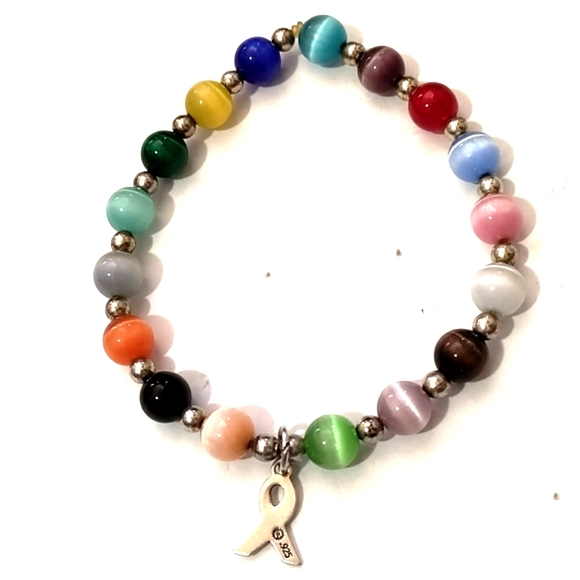 STERLING SILVER .925 CAT'S EYE/SOLID BEADED BREAST AWARENESS STRETCH BRACELET - Picture 7 of 8